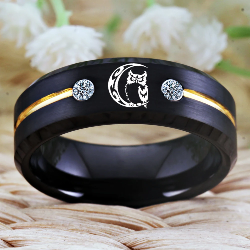 Tungsten owl With Moon Rings Anniversary gifts Ring for Her Wedding Band Engagement owl Symbol Rings FeMale Finger Jewelry