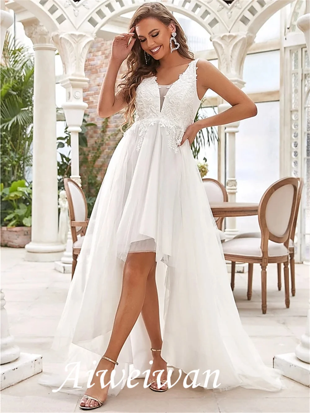 A-Line Wedding Dresses V Neck Sweep / Brush Train Chiffon Lace Tulle Sleeveless Romantic Casual with Lace Ruched Draping 2021