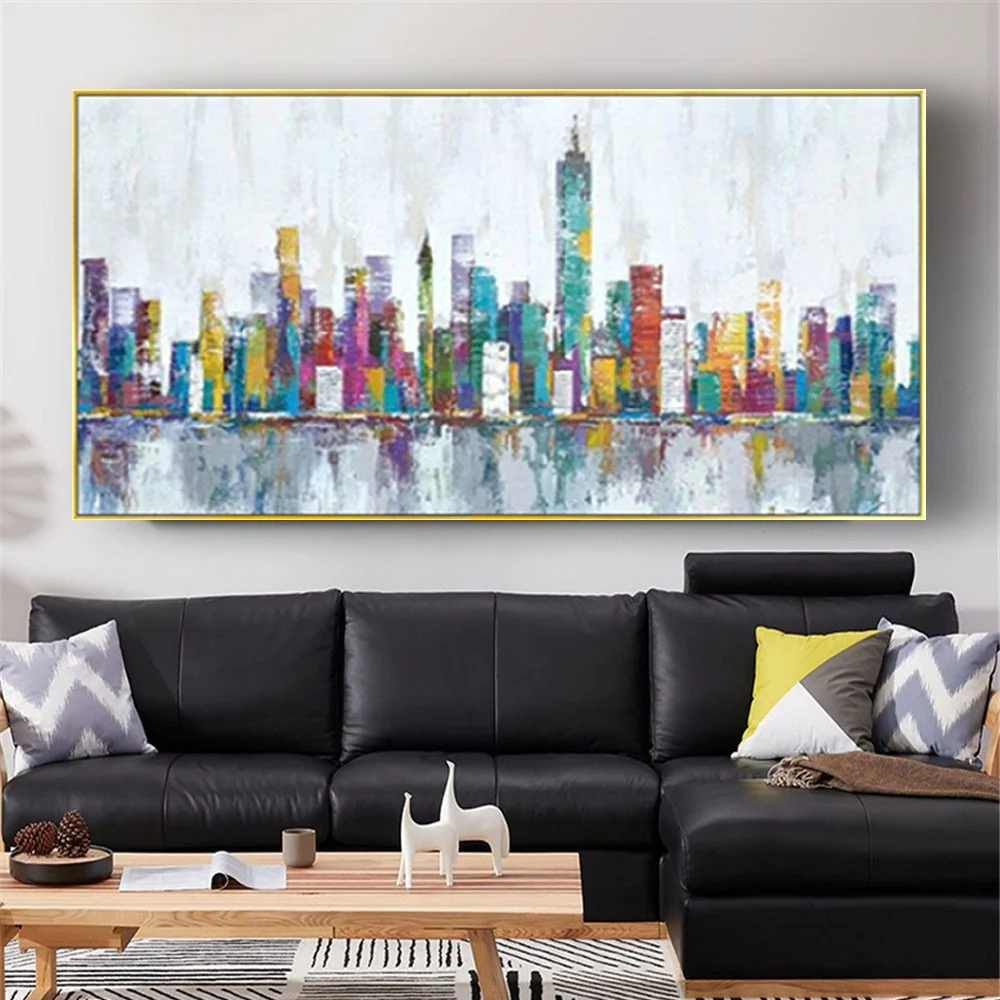 

Large Pure Handmade Oil Painting Modern Colored City Building Wall Art Picture For Home Living Room Decor Paintings Aesthetic