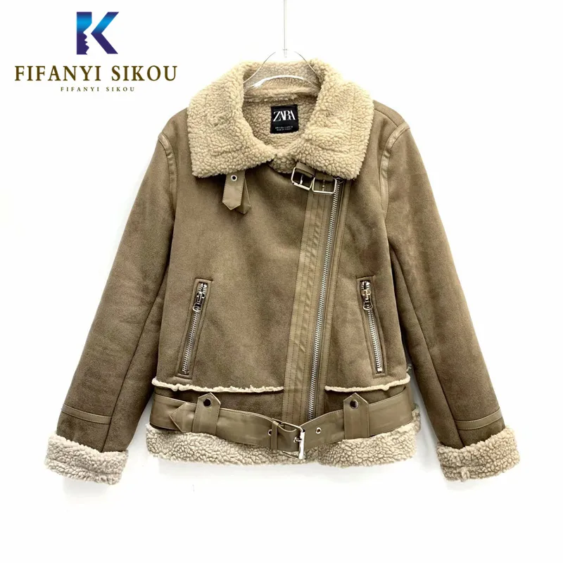 

Streetwear Women Suede Jacket Winter Coat Thick Warm Faux Lamb Wool Jackets Fashion Loose Motorcycle Leather Jacket Female