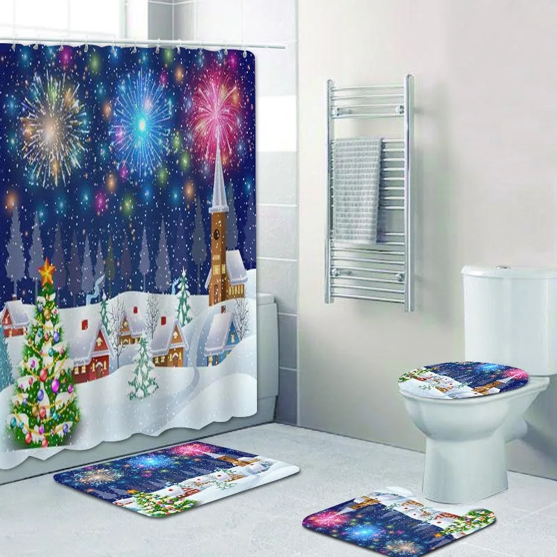 New Christmas Tree Fireworks Shower Curtain Bathroom Curtains Set Bath Mat Rug Carpet Snowy Christmas Night Landscape Home Decor