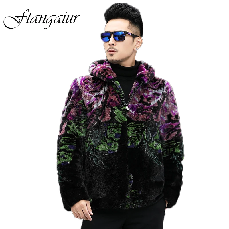 Ftangaiur Winter New Men Import Mink Fur Coat With Fur Hood Print Mink Coats Men's Short Smart Causal Real Mink Fur Coats