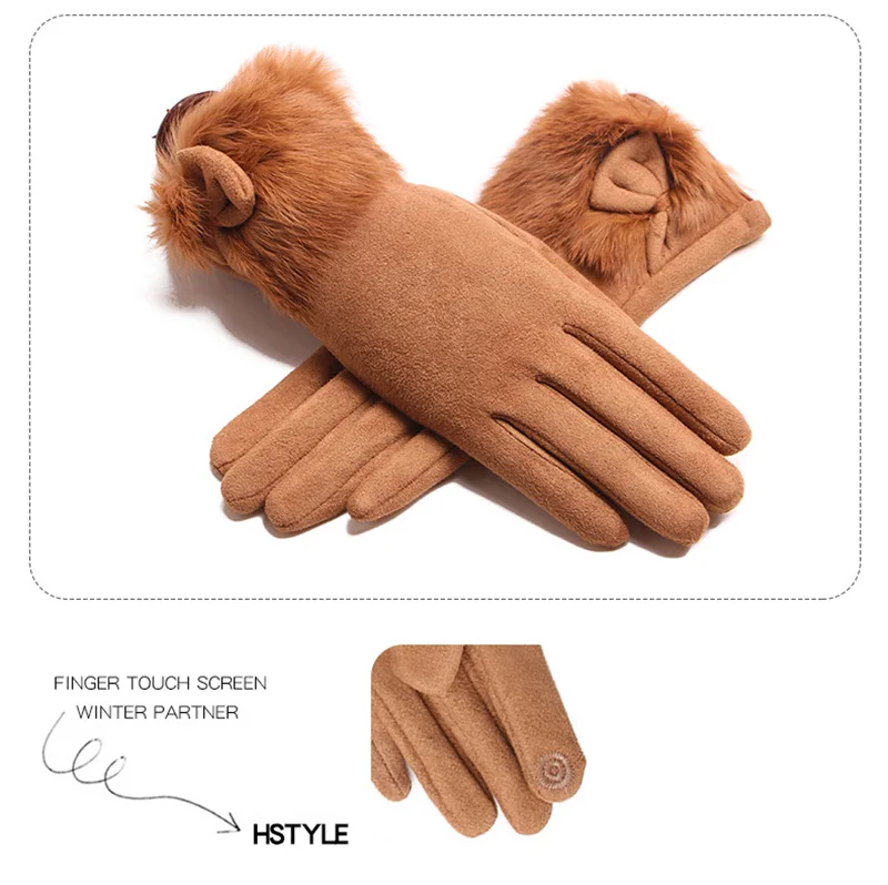 Winter Female Suede Leather Bow Plush Wrist Mitten Women Thick Plus Plush Windproof Warm Touch Screen Driving Gloves J22