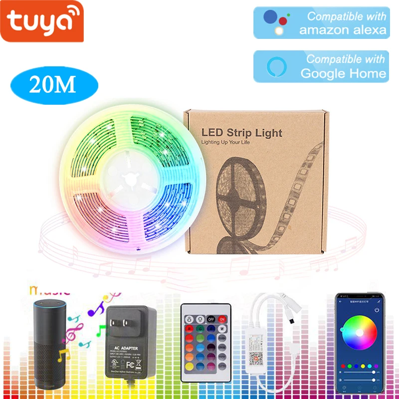 

Tuya Smart Home 5050 RGB 600 LED 20M Light Strip Colorful Flexible RGB Strip Lights Works with Alexa Echo Google APP Control