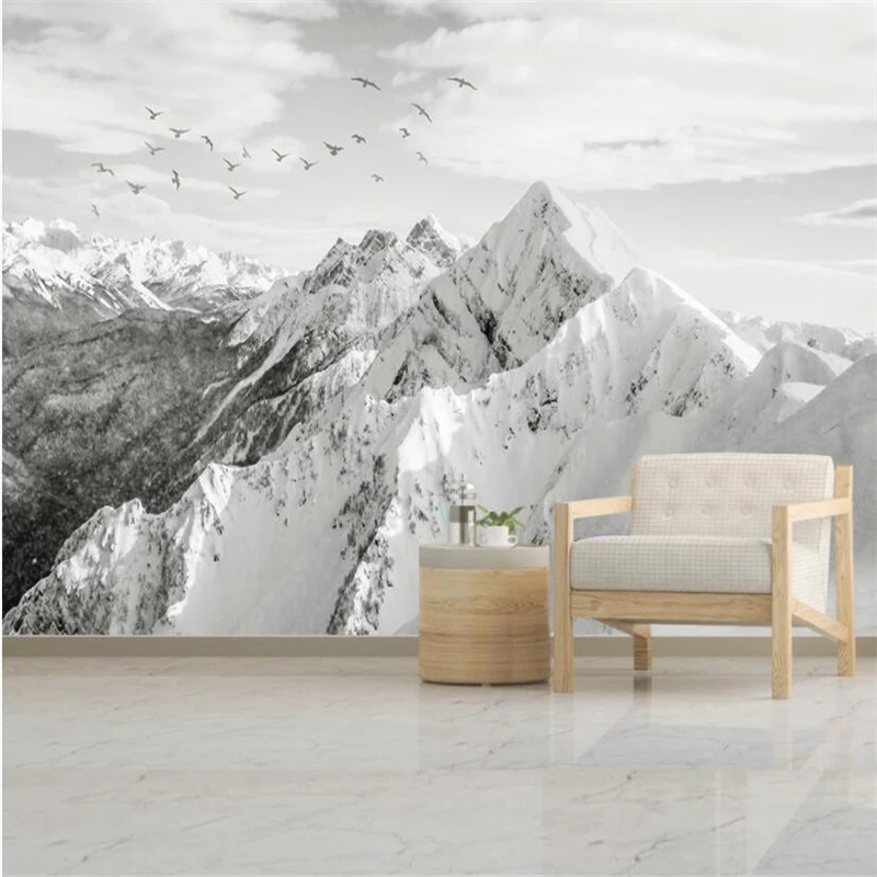 Papier peint mural 3D personnalisé, noir et blanc, montagne enneigée, paysage de montagne, fresque, salon, décoration d\'intérieur, autocollants