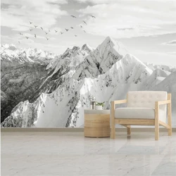 Papier peint mural 3D personnalisé, noir et blanc, montagne enneigée, paysage de montagne, fresque, salon, décoration d'intérieur, autocollants muraux