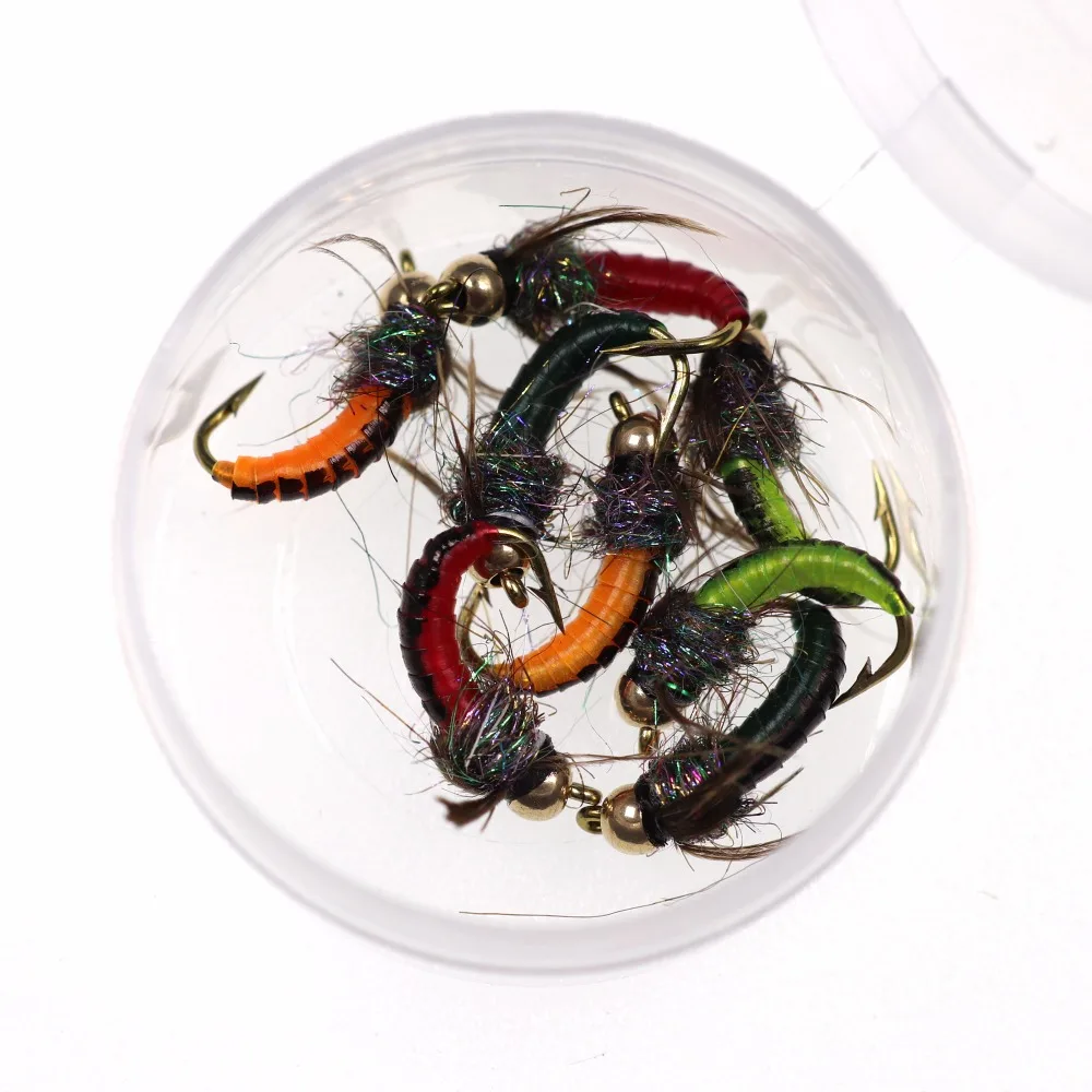 Bimoo 8pcs #12 #14 Brass Bead Head Fast Sinking Nymph Scud Fly Bug Worm Trout Fishing Flies Artificial Insect Fishing Bait Lures