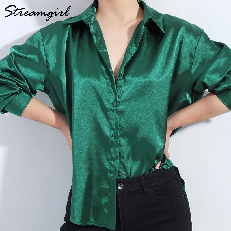 Satin Shirt Womens Green Long Sleeve Top Female Women\'s Elegant Blouse 2022 Office Wear Women White Imitation Silk Shirt Woman