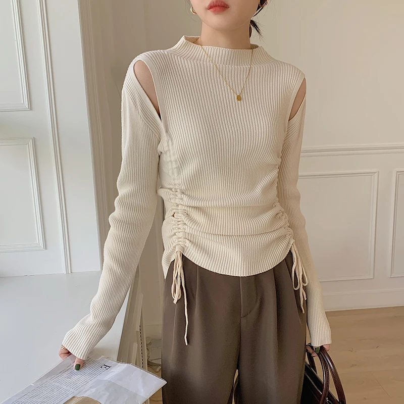 Thick Plain Ribbed Slim Sweater Women Chic Drawstring Hollow Out Knitted Pullover Casual Blouse Pleated Crew Neck Style Sweaters