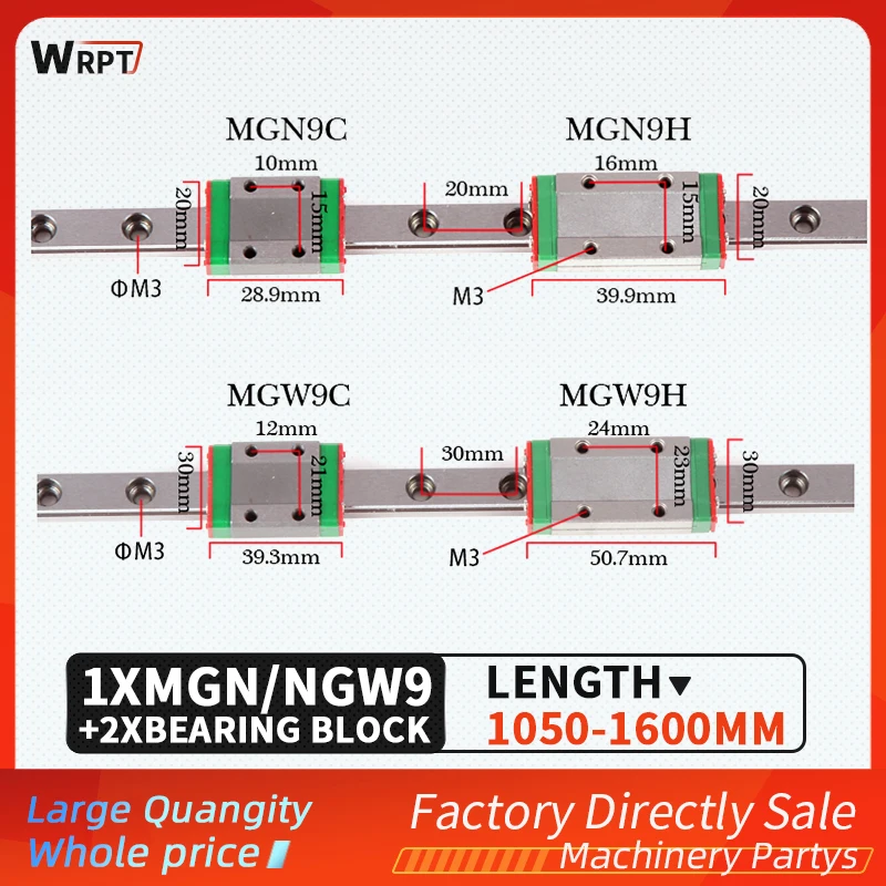 

1pcs 9mm Linear Guide Rail L=1000 1050 1100 1200 1250 1300 1350 1400 1500 1550 1600mm+2pcs MGN9C MGN9H MGW9C MGW9H Brackets