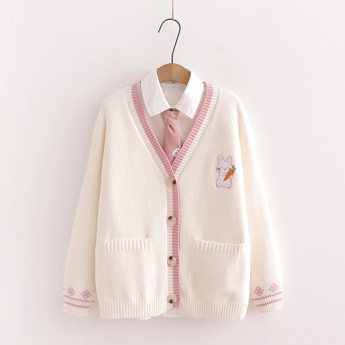 New Autumn Korean Mori Girl Sweet Lolita Cute Bunny Embroidery Knitted Sweater Japanese Women Long Sleeve Cardigan Coat Knitwear