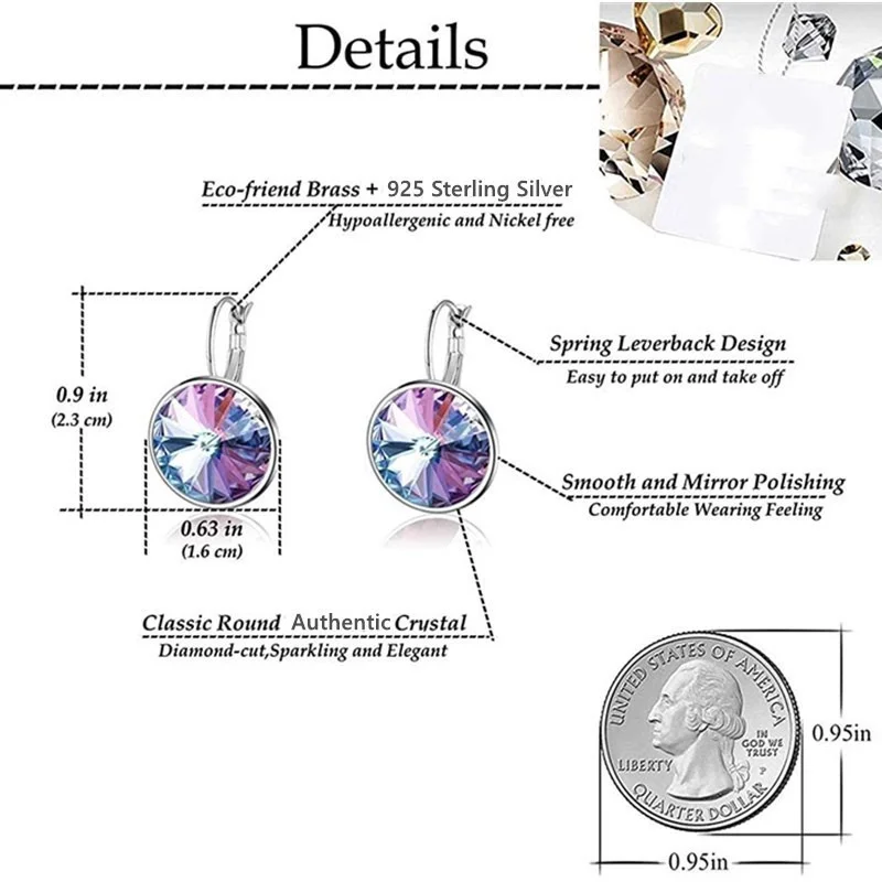 New Fashion Crystal Round Drop Earrings for Women Silver Leverback Hoop Earring Party Wedding Jewelry Gifts