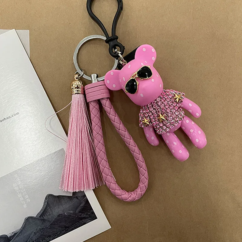 Leather Weave Rope Bomgom Popobe Gloomy Rhinestone Keychain Tassel Glasses Bear Key Chain Ring Holder Bag Charm Black Pendant