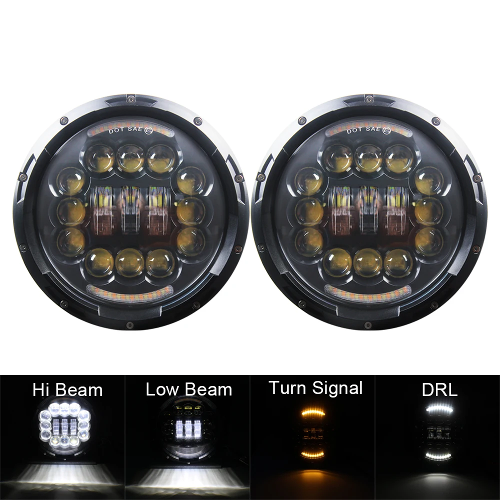 LED Round Headlight 7 inch 2PCS  E-MARK Approved 6000K Hi/lo Beam lamp Halo for Jeep Wrangler JK TJ LJ Harley-Bike