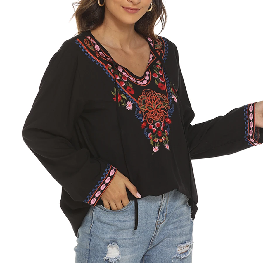 Embroidery Blouse for Women, Plus Size Mexican Shirt, Long Sleeve V-neck, Lace Up Vintage, Ethnic Embroidered Top, Black, Autumn