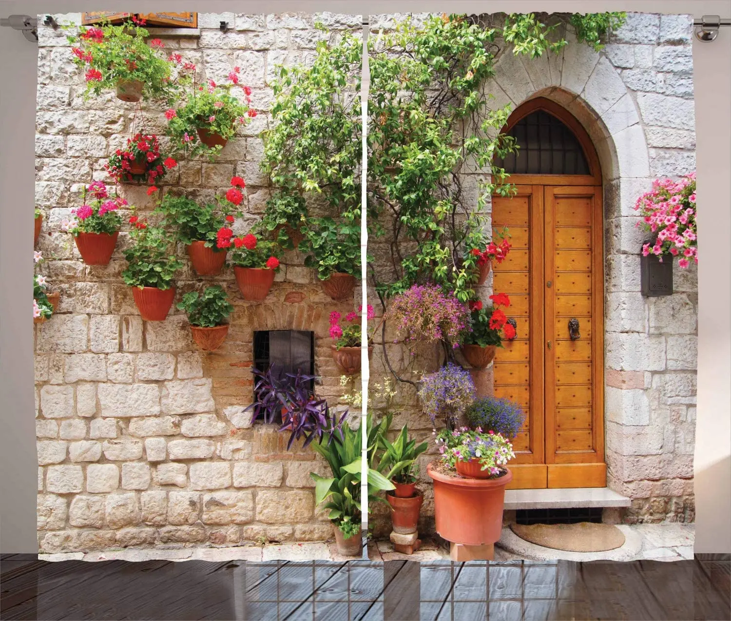 Tuscan Curtains Begonia Blossoms in Box Window Wooden Shutters Brick Wall Romagna Italy Living Room Bedroom Window Drapes Orange