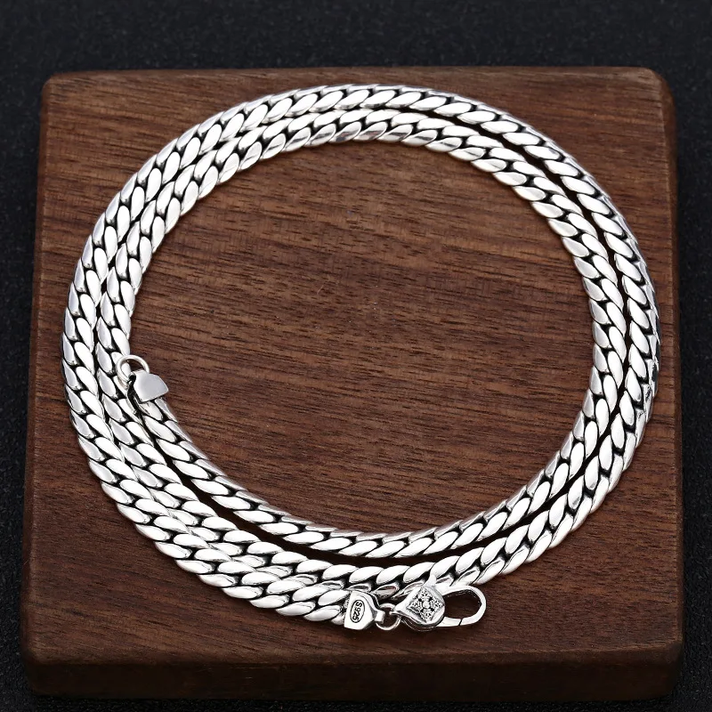 BOCAI New Solid 100% S925 Silver Jewelry Fashion Retro Personality Flat Chain 5MM Diamond Buckle Snake Bone Chain Man Necklace