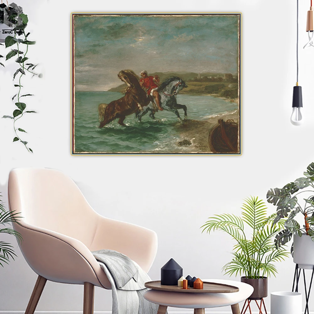 Citon Eugene Delacroix《Horses Leaving the Sea》Canvas Oil Painting Artwork Poster Picture Wall Background Decor Home Decoration