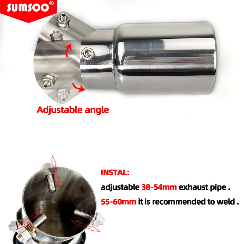 genuine SUMSOO 38-54mm inlet adjustable factory sell Angle adjustable stainless steel automobile exhaust tip muffler tail throat