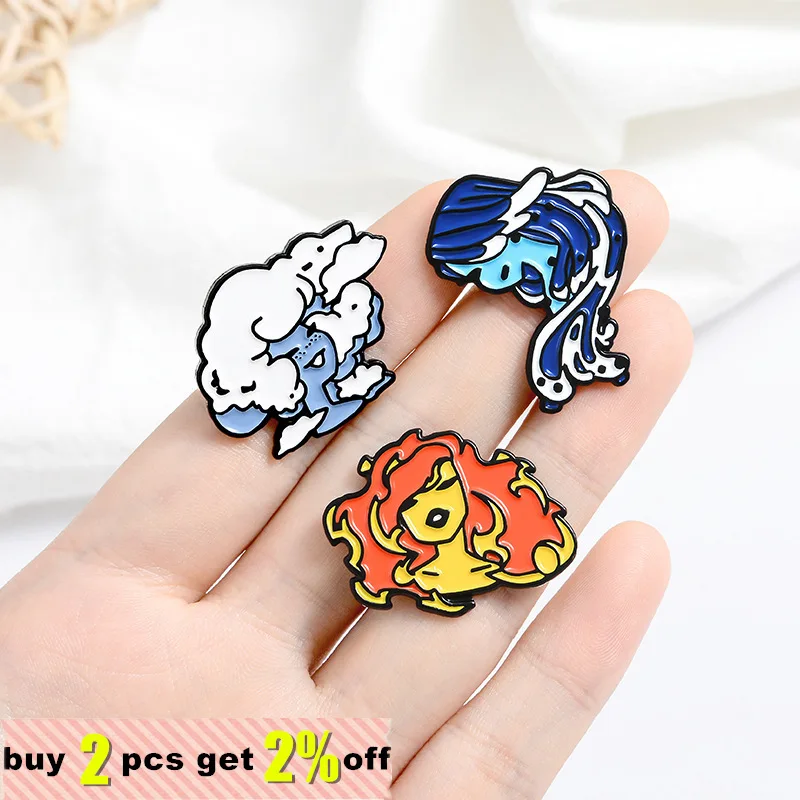 Ocean Wave Water Cloud Fire Girl Enamel Pins Fire Power Lapel Pin Magic Badges Witch Jewelry Women Brooches Jewelry wholesale