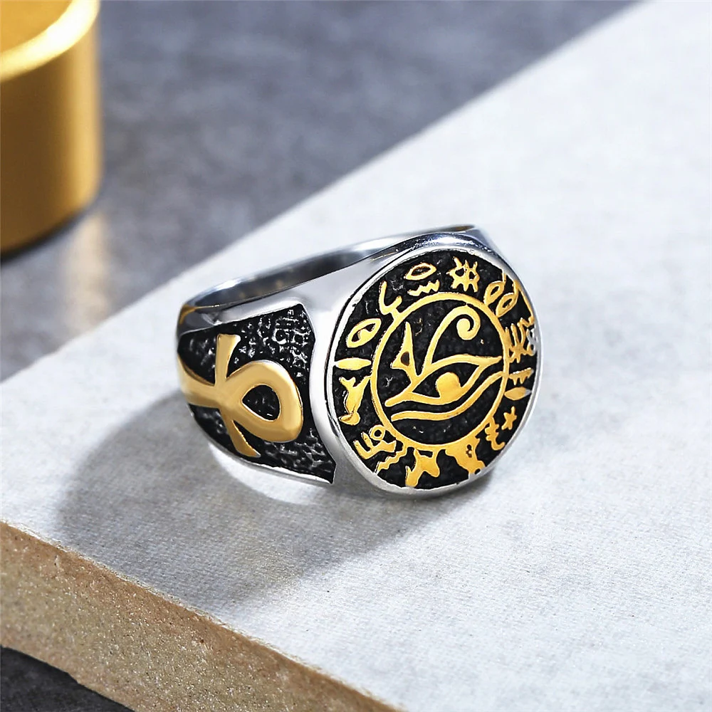 Vintage Egyptian Eye of Horus Rings For Men Women Punk Biker Stainless Steel Ancient Egyptian Rune Ring Amulet Jewelry Gift