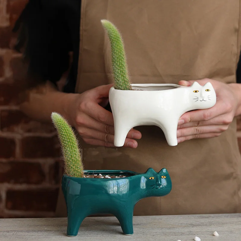 Cute Cat Ceramic Garden Flower Pot Animal Image Cactus Plants Planter Succulent Plant Container Tabletop Ornaments Decoration