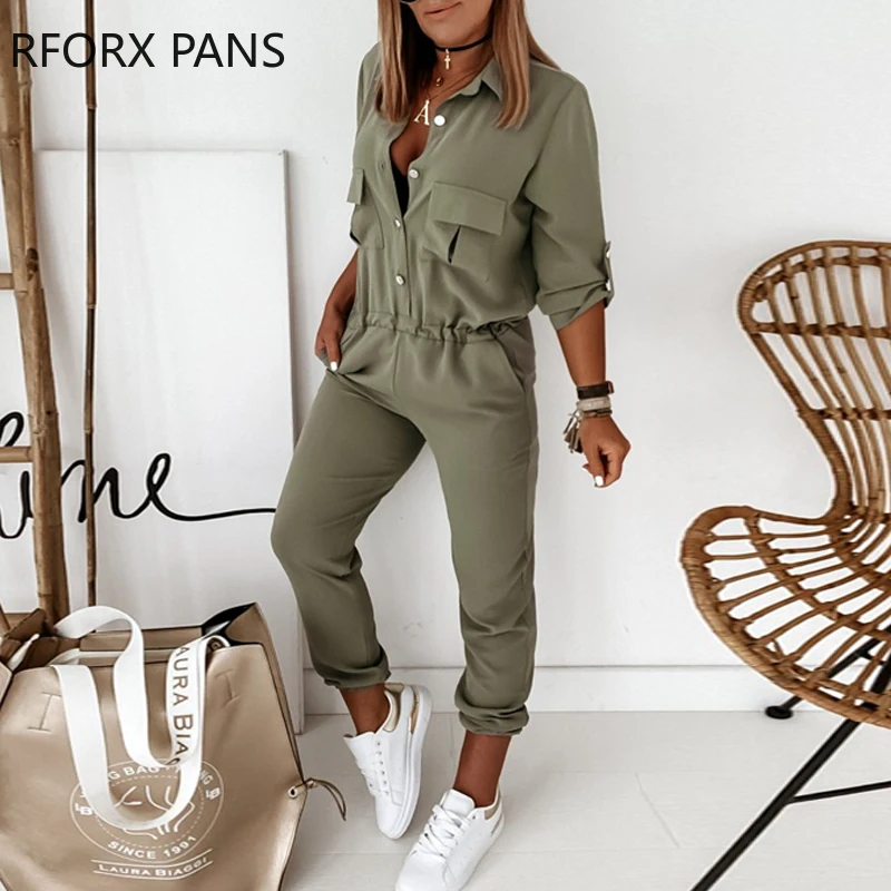 Solid Long Sleeve Elastic Waist Jumpsuit Office Lady Casual Look for Women 2020