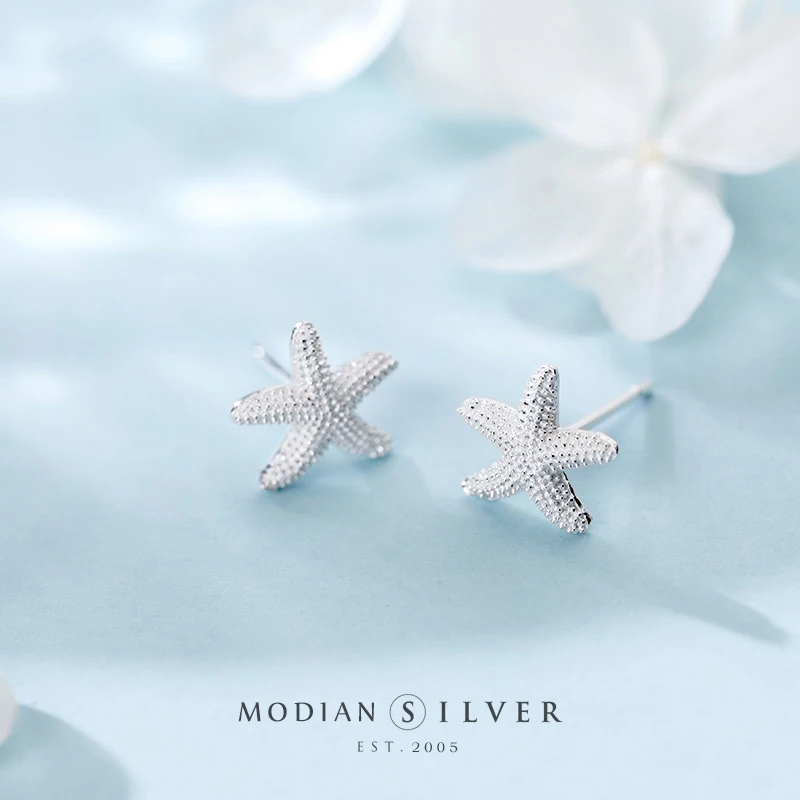 Modian Fresh Cute Starfish Stud Earrings for Women Simple 925 Sterling Silver Exquisite Ear Studs Jewelry Korean Style Earrings