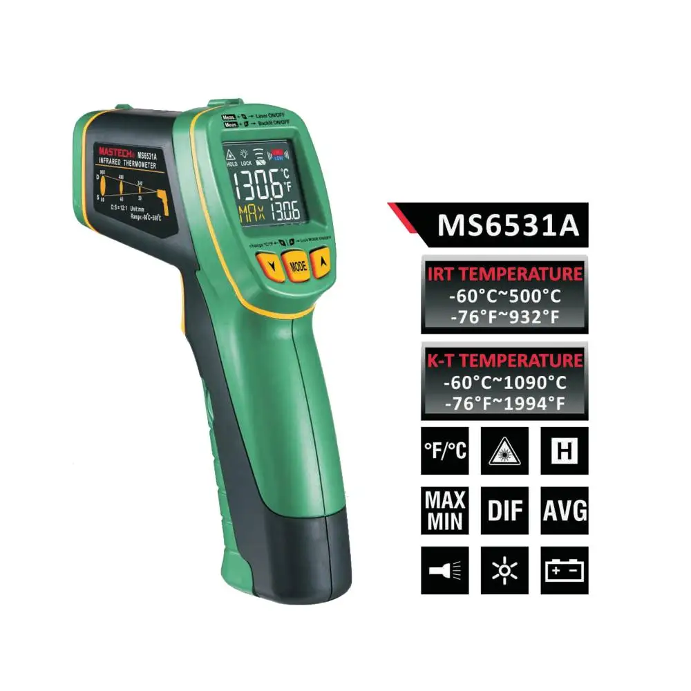 MASTECH MS6531A Handheld Non-Contact Infrared Thermometer Point Temperature Gun with K-Type Thermocouple Temperature Measurement