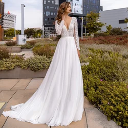 Sexy Chiffon Boho Wedding Dresses Deep V Neck Long Sleeves Flowy Bohemian Bridal Gown Backless A Line Robe De Mariage