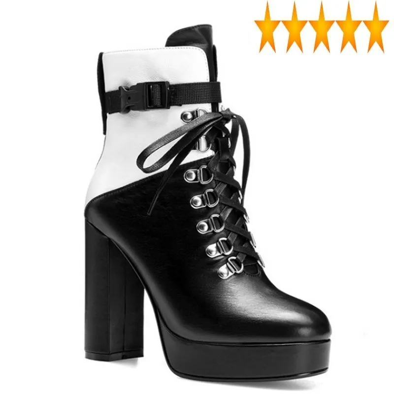 Womens High Fashion New Platform Short Genuine Leather Patchwork Round Toe Cross Tied Female Thick Heel Ankle Boots