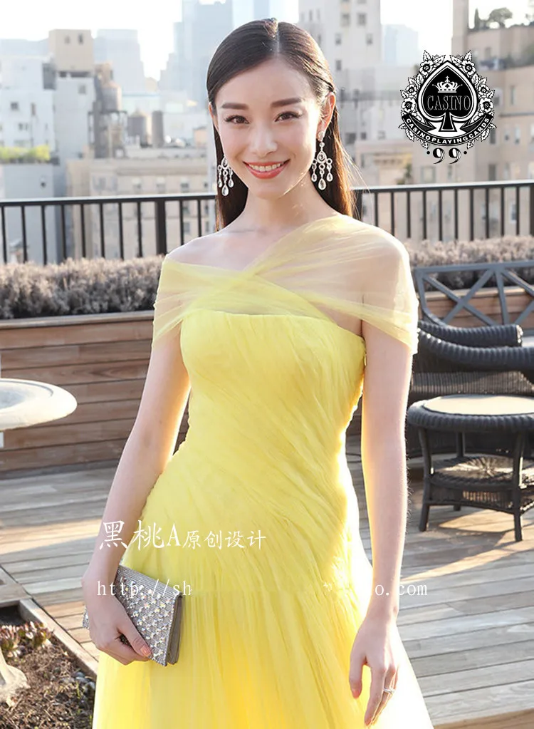 cap sleeve yellow tulle long a-line 2020 new платья знаменитостей prom gown Formal vestido de festa longo Celebrity Dresses