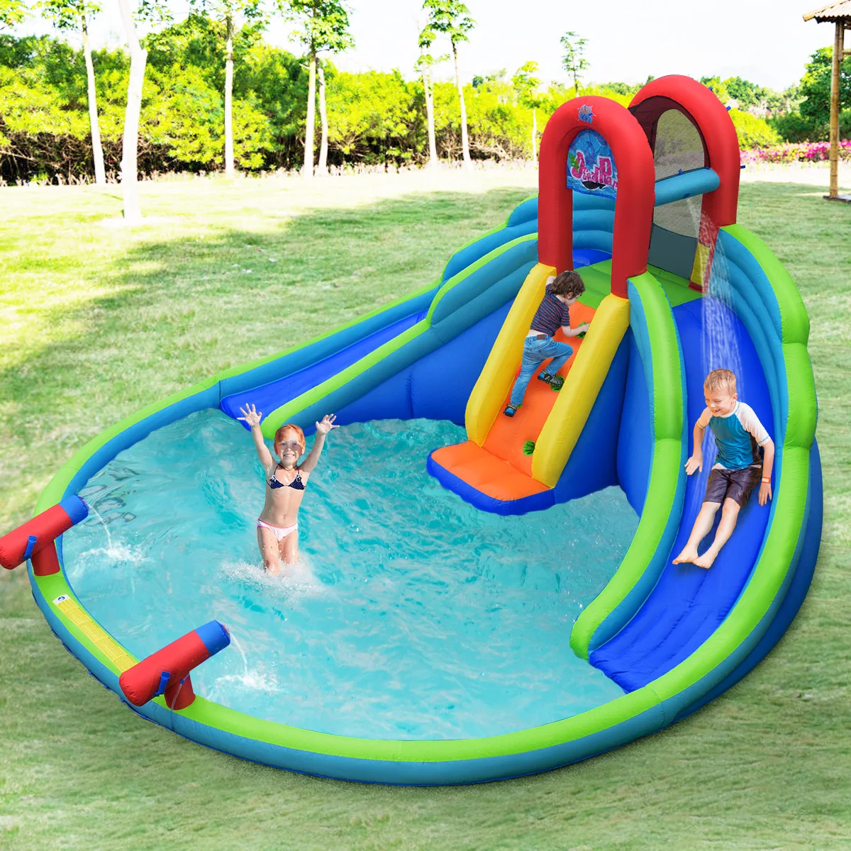 Aufblasbare Bounce Haus Kinder Wasser Splash Pool Dual Rutschen Klettern Wand Park