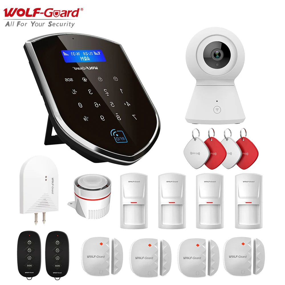 Wolf-Guard Wireless GSM Wifi TUYA Home Alarm Security Burglar System Smartlife APP with 1080P IP Camera Door/PIR Motion Detector