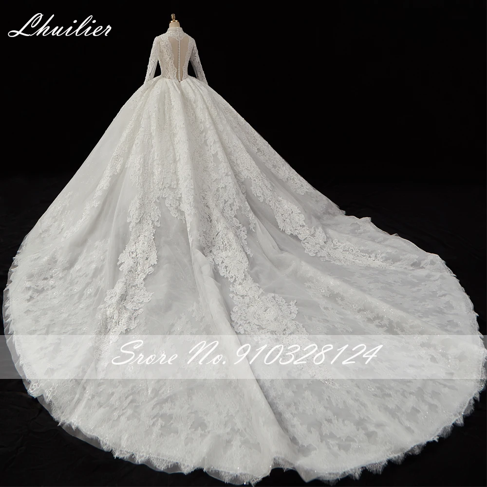 Lhuilier Customized Ball Gown V-neck Lace Wedding Dresses Floor Length Long Sleeves Pearls Beaded Cathedral Train Bridal Dresses