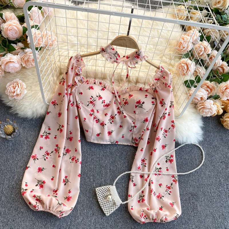 Women 2021 Sexy Floral Print Cropped Blouses Vintage Puff Long Sleeve Zipper Crop Top Ruffle Female Shirts Blusa Chic Tops