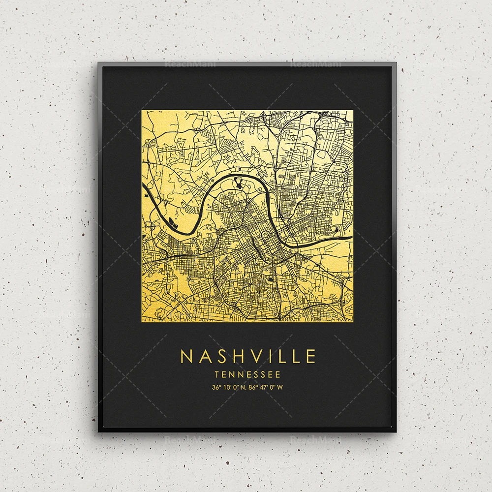 Nashville map printing, gold and silver Nashville square map, Nashville wall decoration, Nashville street map, map gift creative