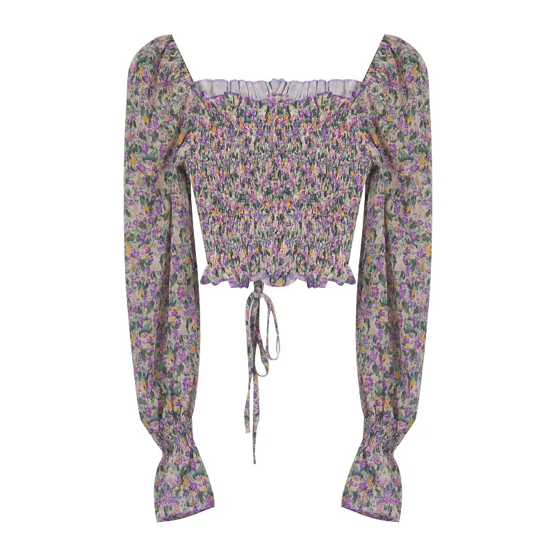 Spring Floral Blouses Women Shirring Sexy Slash Neck Crop Tops Long Sleeve Slim Purple Chiffon Blouse Mujer Sweet Friends Fungus