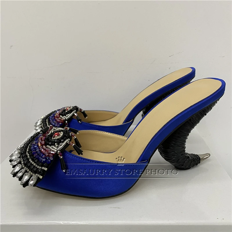 Beaded Rhinestone Flower Sandals Women Sexy Horn-Shaped Strange Heel Luxury Satin Slingbacks Mules Summer