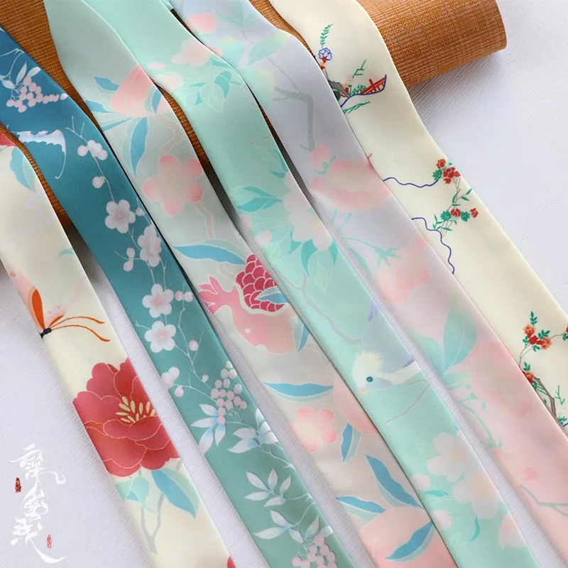 Original Hanfu Printed Hair Band Ancient Style Flower and Bird Ribbon Strip Hair Band Rope