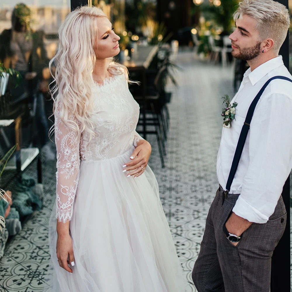 Manga larga cuello Barco de encaje vestido de tul para bodas una línea de cerradura Jardín de boda Boho, vestido de boda de playa