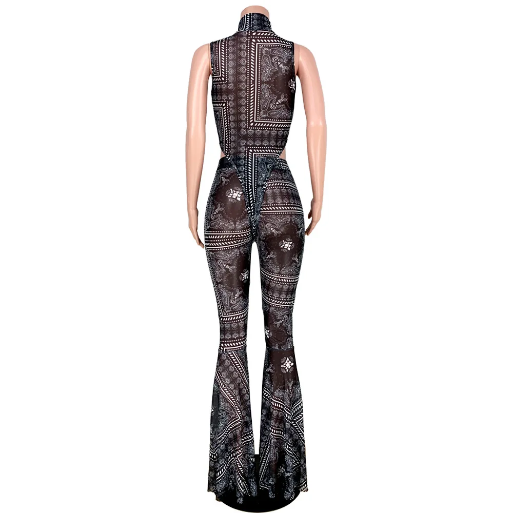 Sexy Bandanna Print Bodysuit for Women, Flare Pants Suit, Fashion Tracksuit, Fitness Outfit, Matching Set, Promotion, 2 Pcs