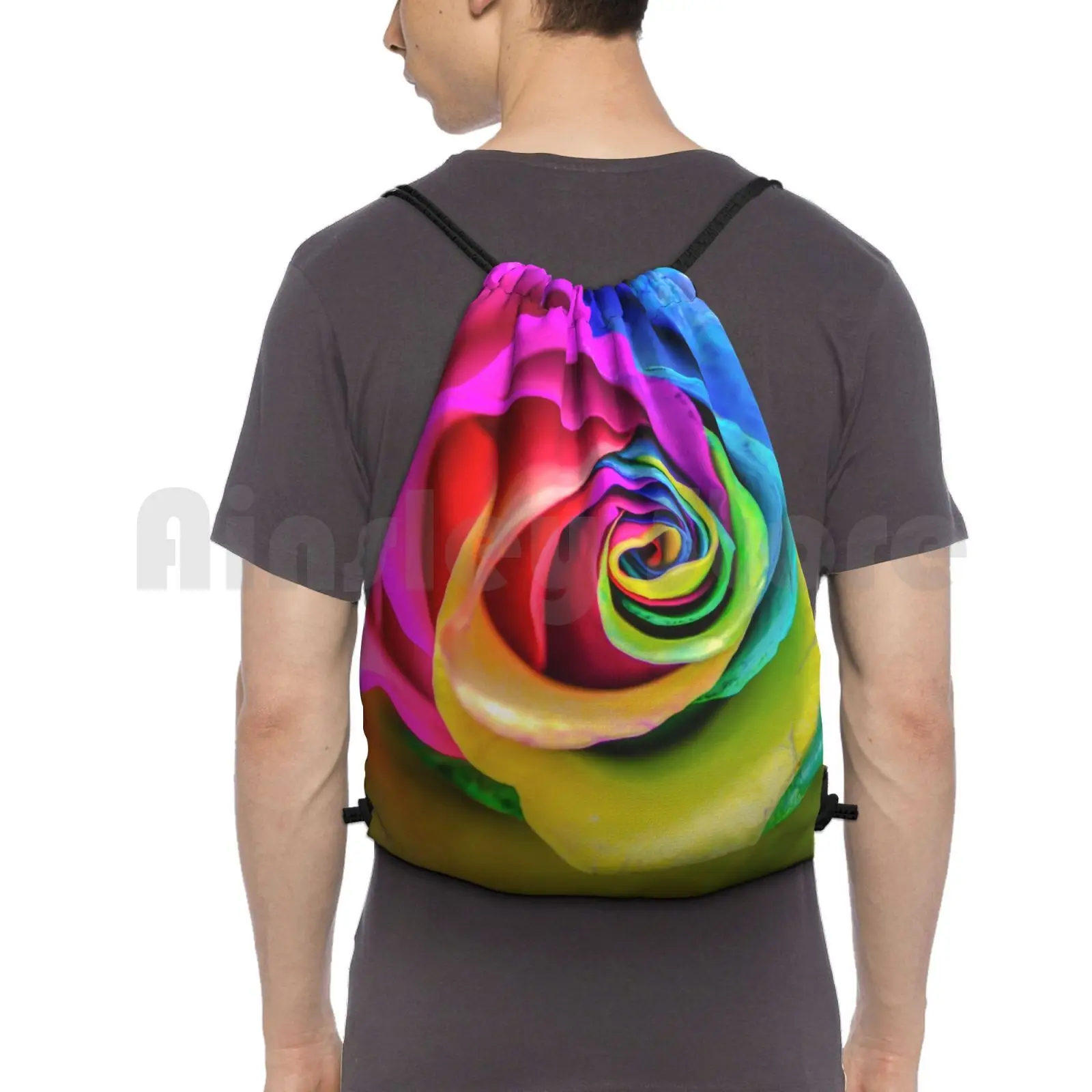 Rainbow Rose Backpack Drawstring Bag Riding Climbing Gym Bag Rainbow Rose Macro Close Up Abstract Colors Colorful Vibrant