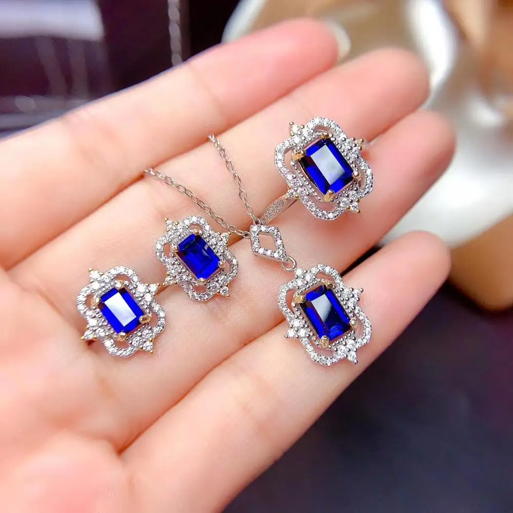 100% Natural Real Sapphire jewelry set Natural Real Sapphire 925 sterling silver 1pc pendant,1pc ring,2pcs Earring