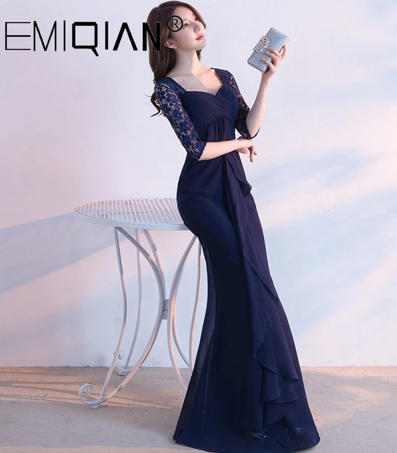 Designer Empire Mermaid Formal Prom Party Dress Half Sleeve Navy Blue Chiffon Evening Dresses Vestido de festa