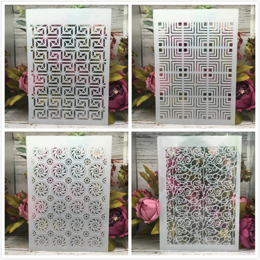 

4Pcs A4 29cm Geometry Square Texture DIY Layering Stencils Wall Painting Scrapbook Coloring Embossing Album Decorative Template