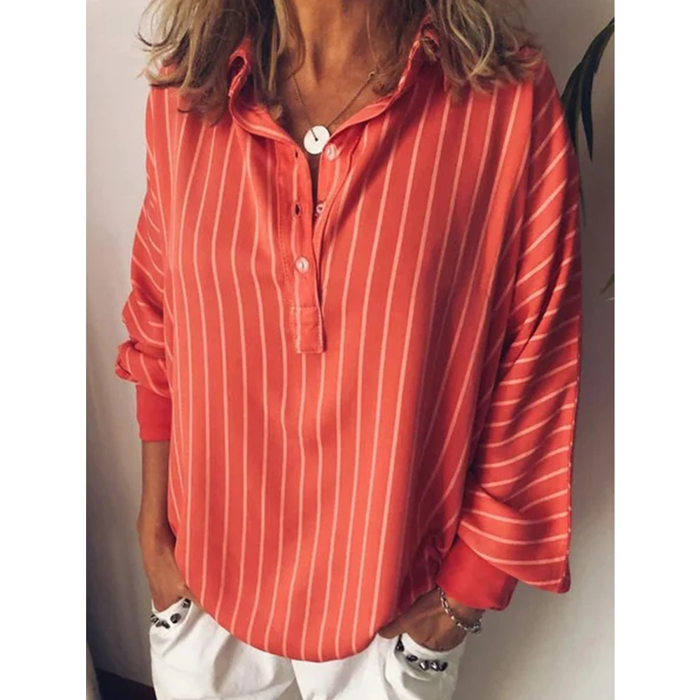 Donna di modo di estate camicette stripe Allentato Casual A Righe Button Risvolto Camicia A Maniche Lunghe ragazza Top button Camicetta