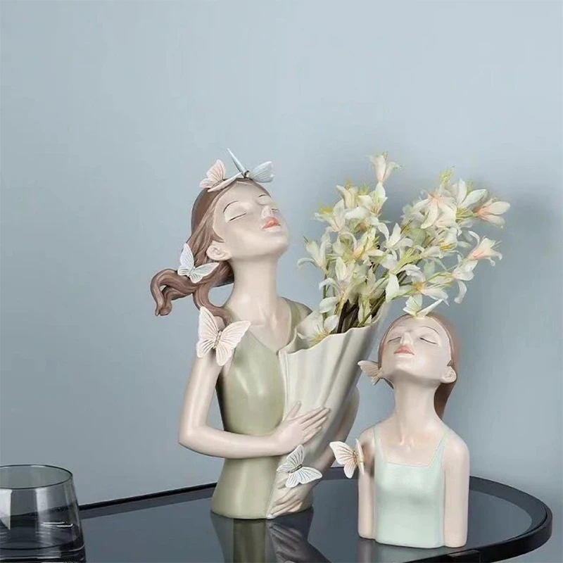 

Homhi Butterfly Girl Statue Resin Vase Figurine Statue Nordic Sculpture Home Living Room Decoration Accessories Gift [HBJ-047]