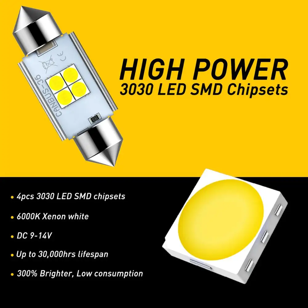 AUXITO High Quality 31mm 36mm 41mm C5W C10W 3030 LED CANBUS Car Festoon Light Auto Interior Dome Lamp Reading Bulb 6000K White