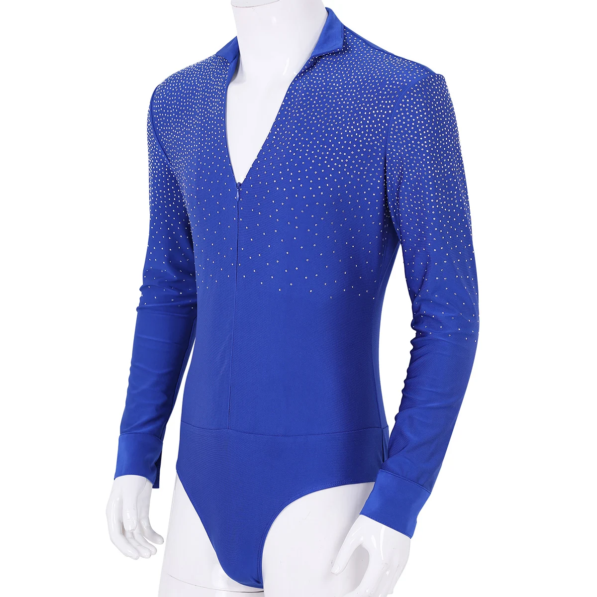 Men Latin Dance Shirt Bodysuit Shiny Rhinestones Jumpsuits V-neck Long Sleeve Ballroom Tango Rumba Shirt Tops Gymnastics Leotard